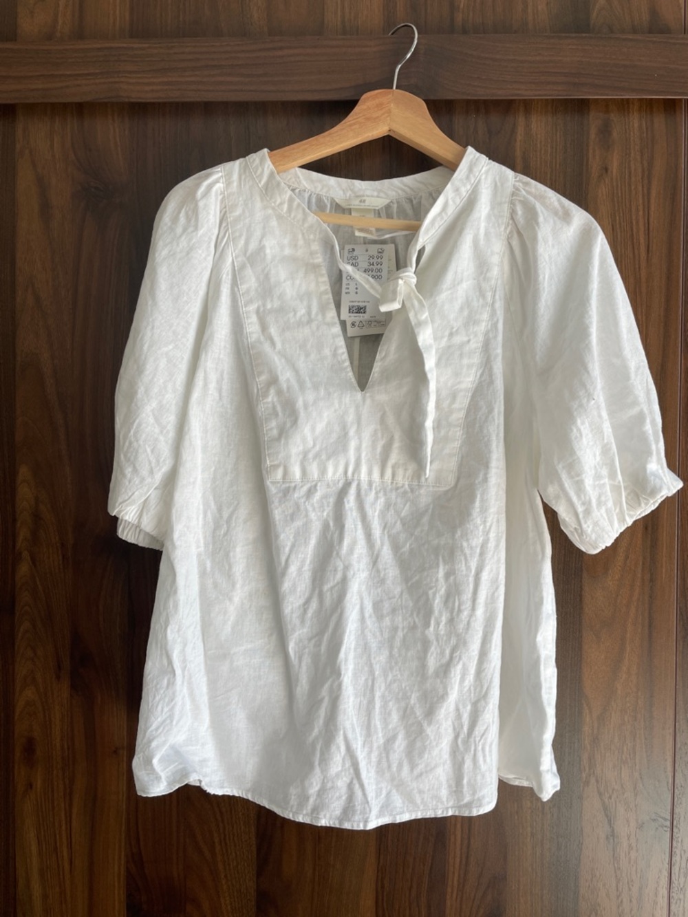 H&M White Linen Tie-Front Puff Sleeve Blouse